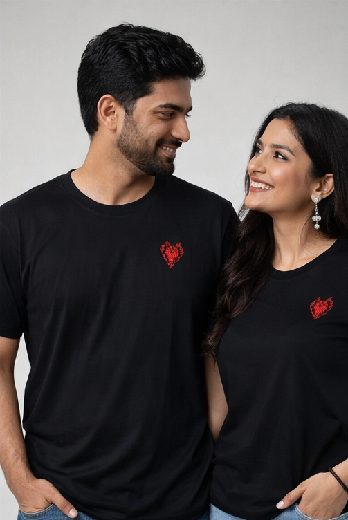 Collage of a man and woman wearing black t-shirts with a red heart design on a white background.