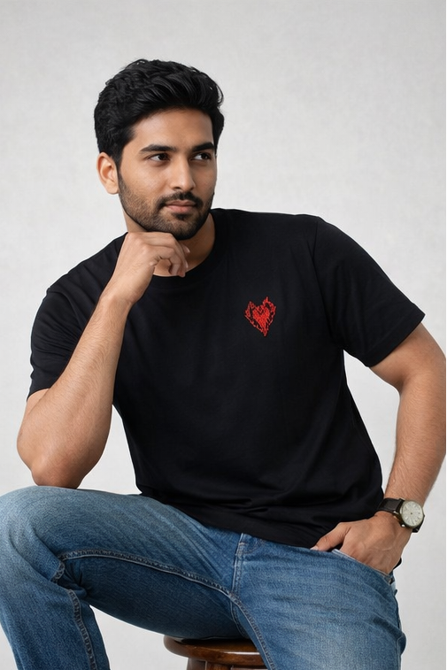 Collage of a man and woman wearing black t-shirts with a red heart design on a white background.