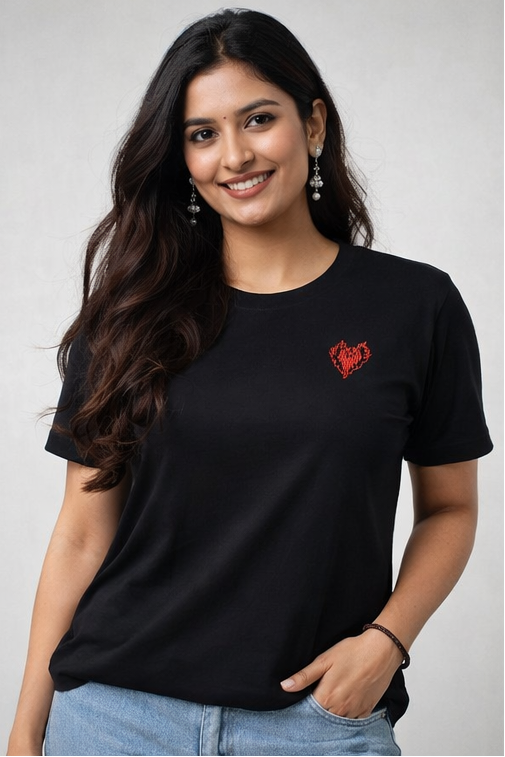 Collage of a man and woman wearing black t-shirts with a red heart design on a white background.