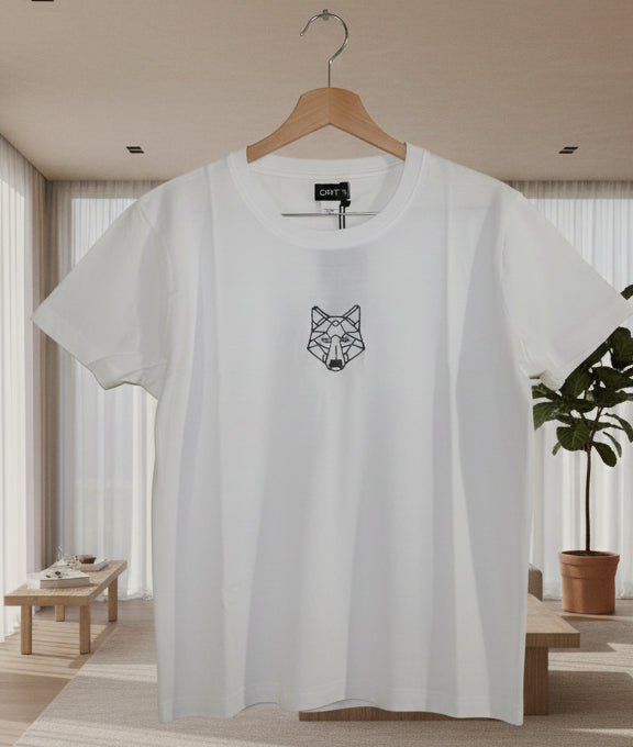 White t-shirt with a black wolf design on a white background