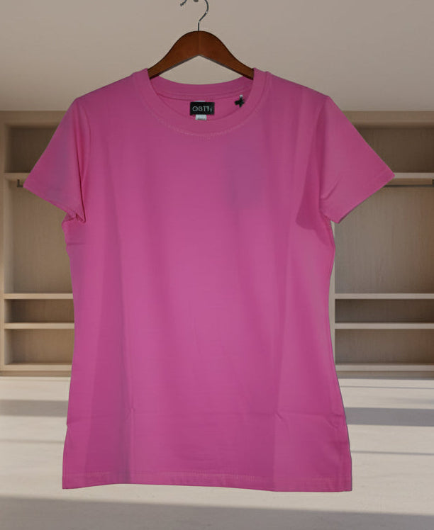 Pink t-shirt with a brand logo on a white background
