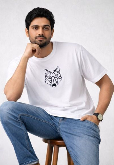 Two people wearing white t-shirts with wolf designs on a white background