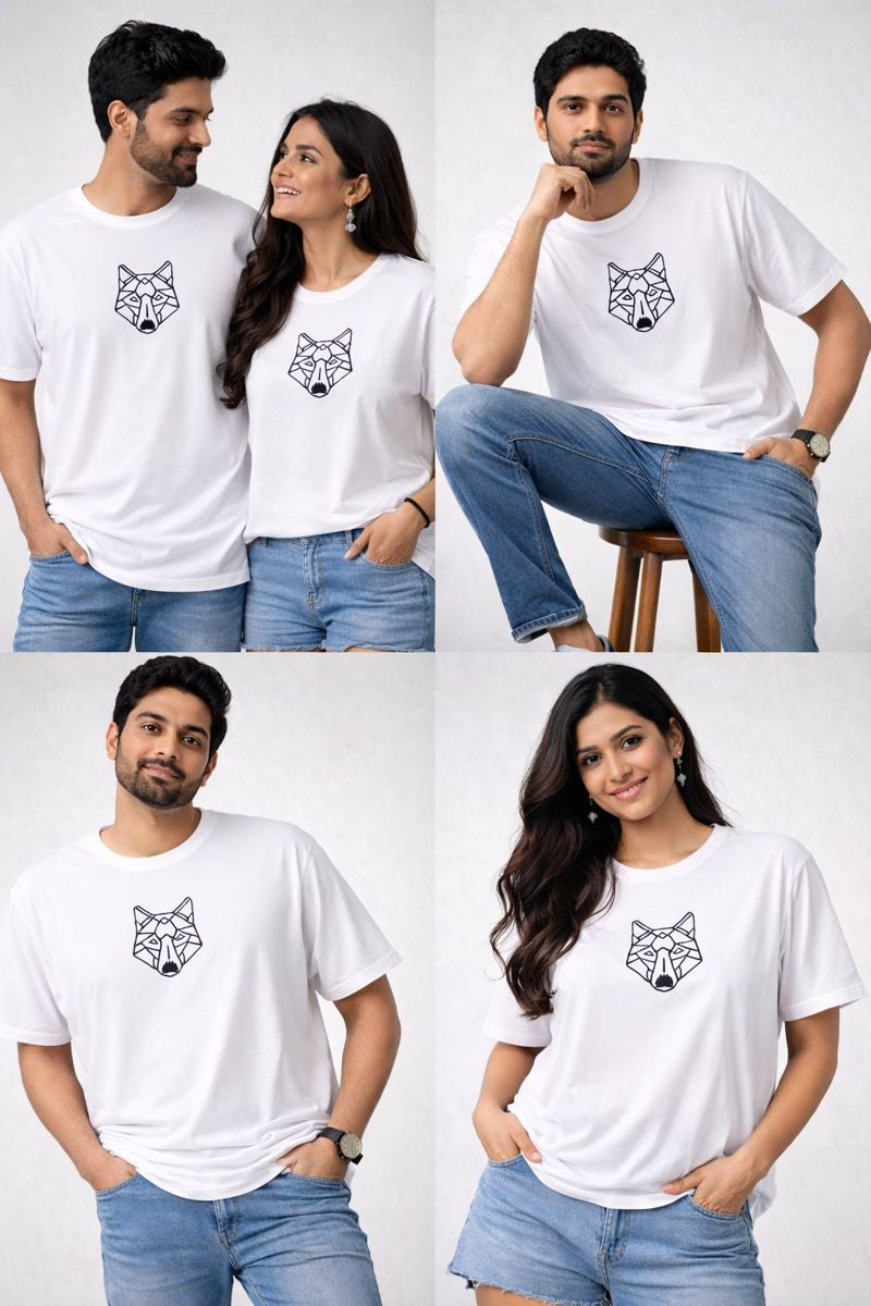 Two people wearing white t-shirts with wolf designs on a white background