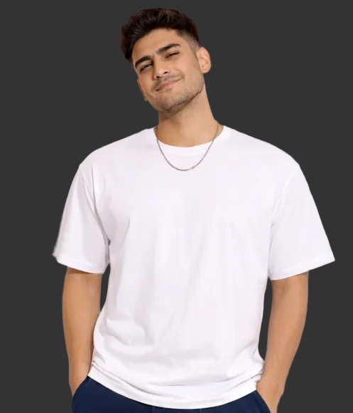 Man wearing a white t-shirt and navy shorts against a plain background