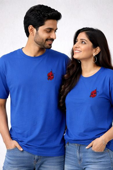 Collage of a man and woman wearing blue t-shirts with a red logo, posing in different positions.
